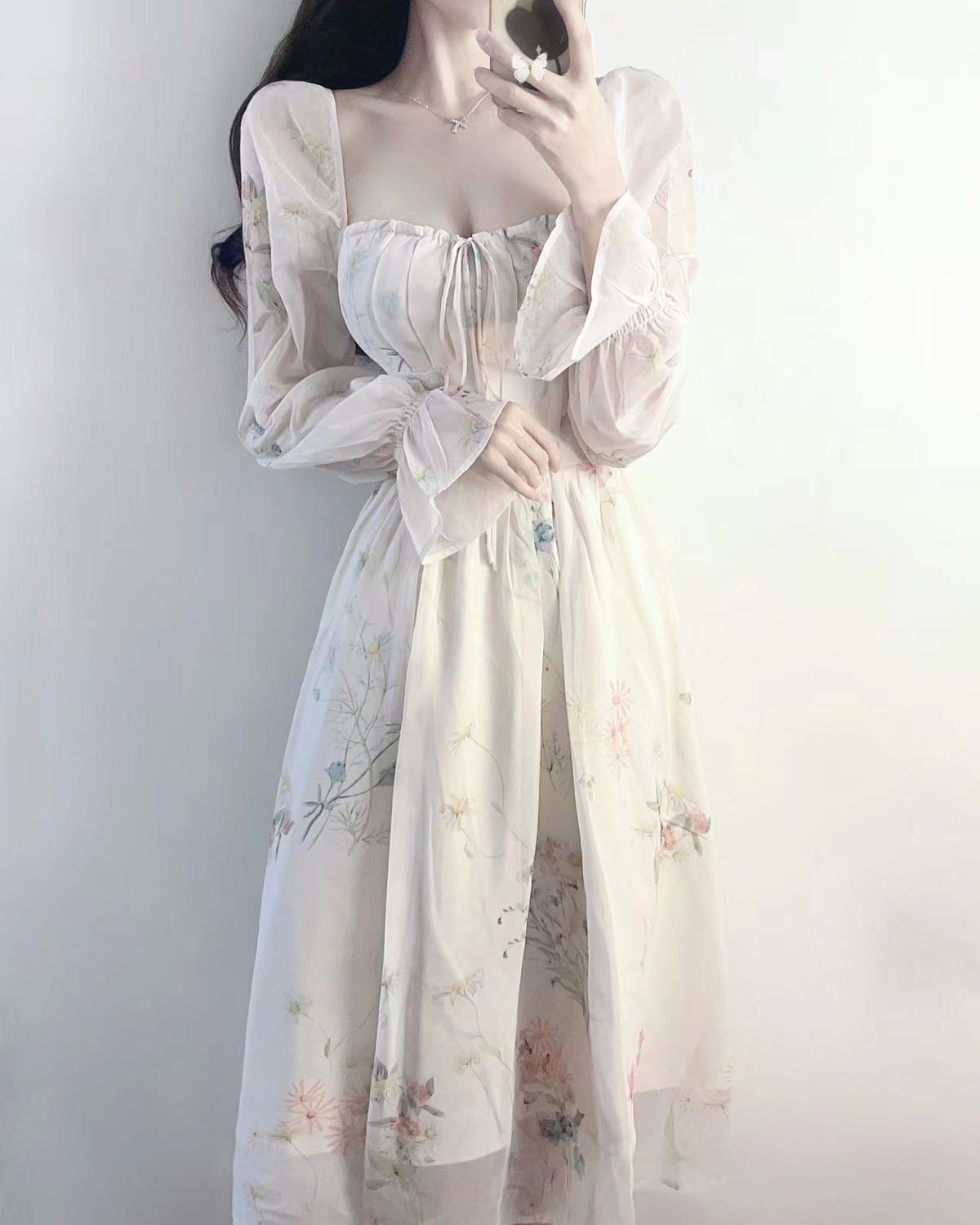 レース ワンピース 花柄シフォン ロングワンピース 着痩せ 長袖 フレア