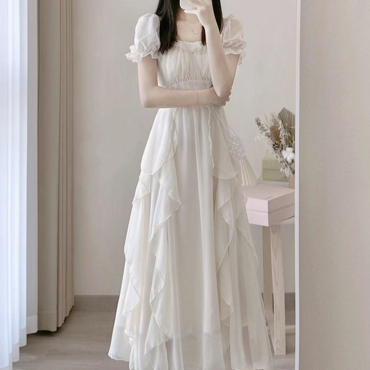 レース ワンピース シフォン重ね パフスリーブ ロングワンピース