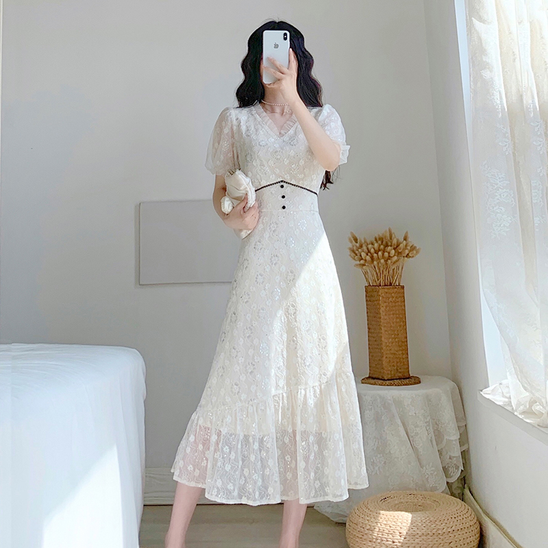 レース ワンピース 花柄レース パフスリーブ ロングワンピース