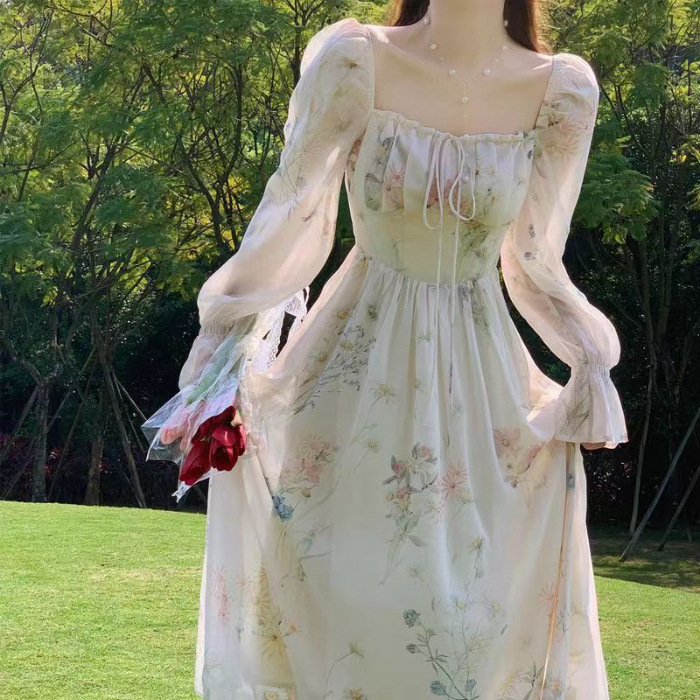 レース ワンピース 花柄シフォン ロングワンピース 着痩せ 長袖 フレア