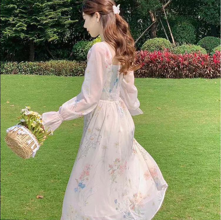 レース ワンピース 花柄シフォン ロングワンピース 着痩せ 長袖 フレア