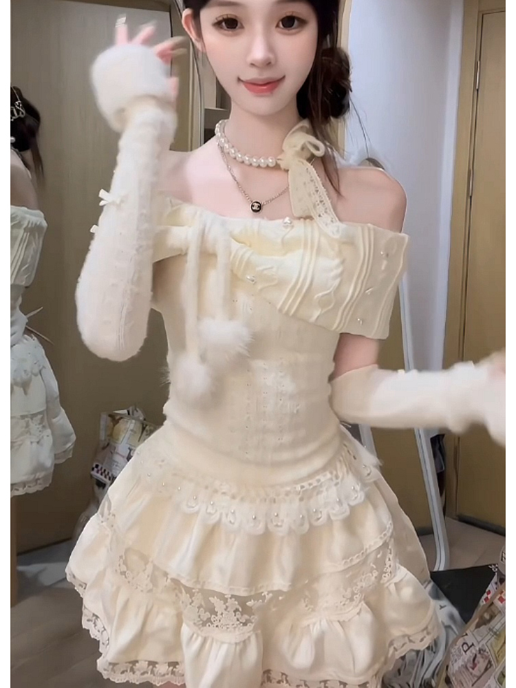レース ワンピース ふわもこファー付きレースワンピース