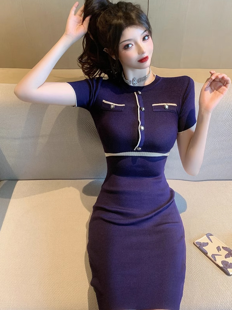 レース ワンピース レトロ風ミニ丈ニットタイトワンピース