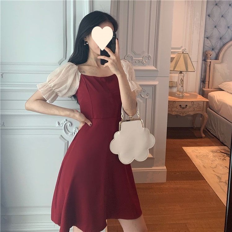 レース ワンピース シアーパフスリーブ レイヤード ワンピース