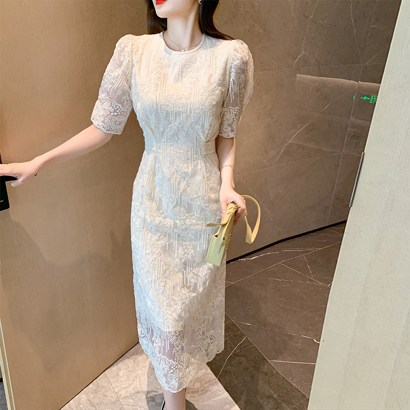レース ワンピース エレガント 総レース ロングワンピース パフスリーブ ミモレ丈
