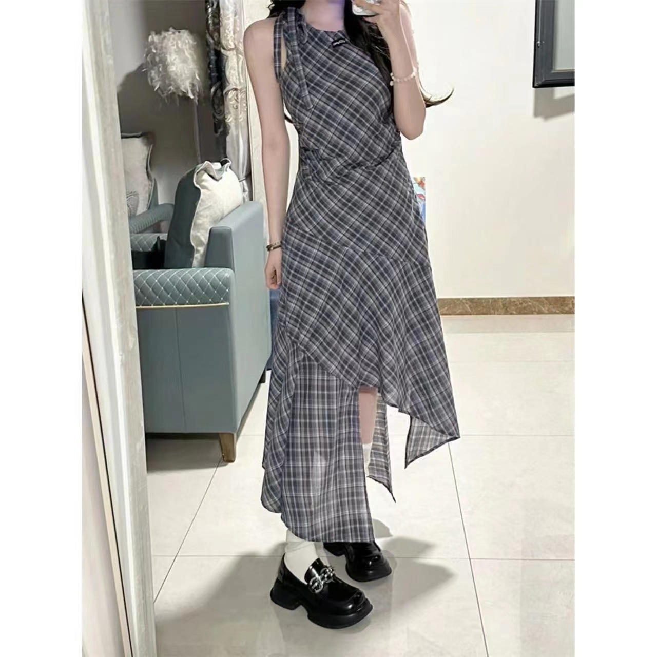 レース ワンピース 格子柄ノースリーブ レース ワンピース
