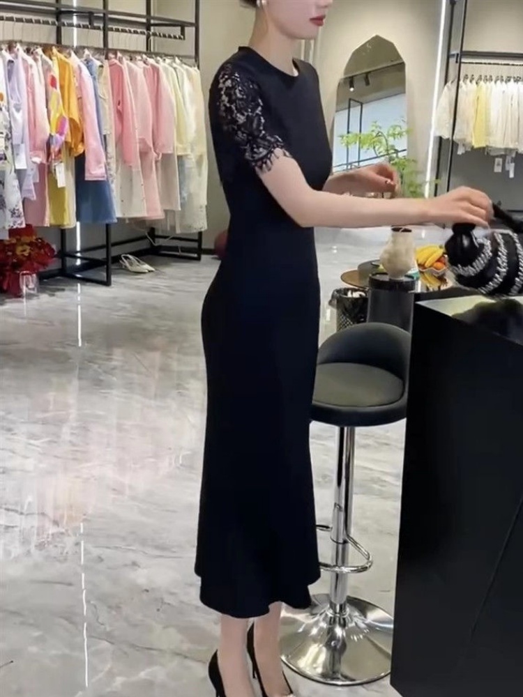 レース ワンピース 花レース袖 上品マーメイドロングワンピース