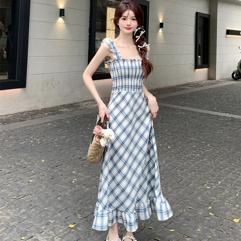 レース ワンピース フリルショルダー格子柄キャミワンピース