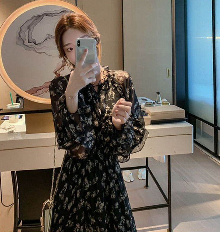 レース ワンピース 花柄シフォン ロングワンピース 長袖 フレア 大きいサイズ