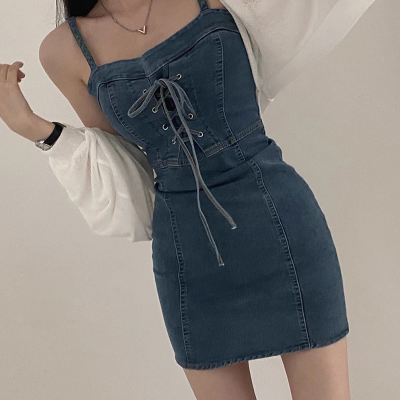 レース ワンピース 編み上げデニムキャミワンピース