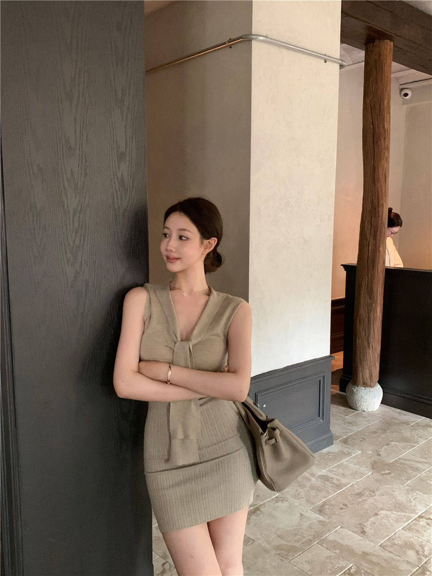 レース ワンピース リボン付きニットタイトワンピース