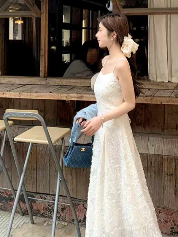 レース ワンピース 優美な花刺繍キャミロングワンピース
