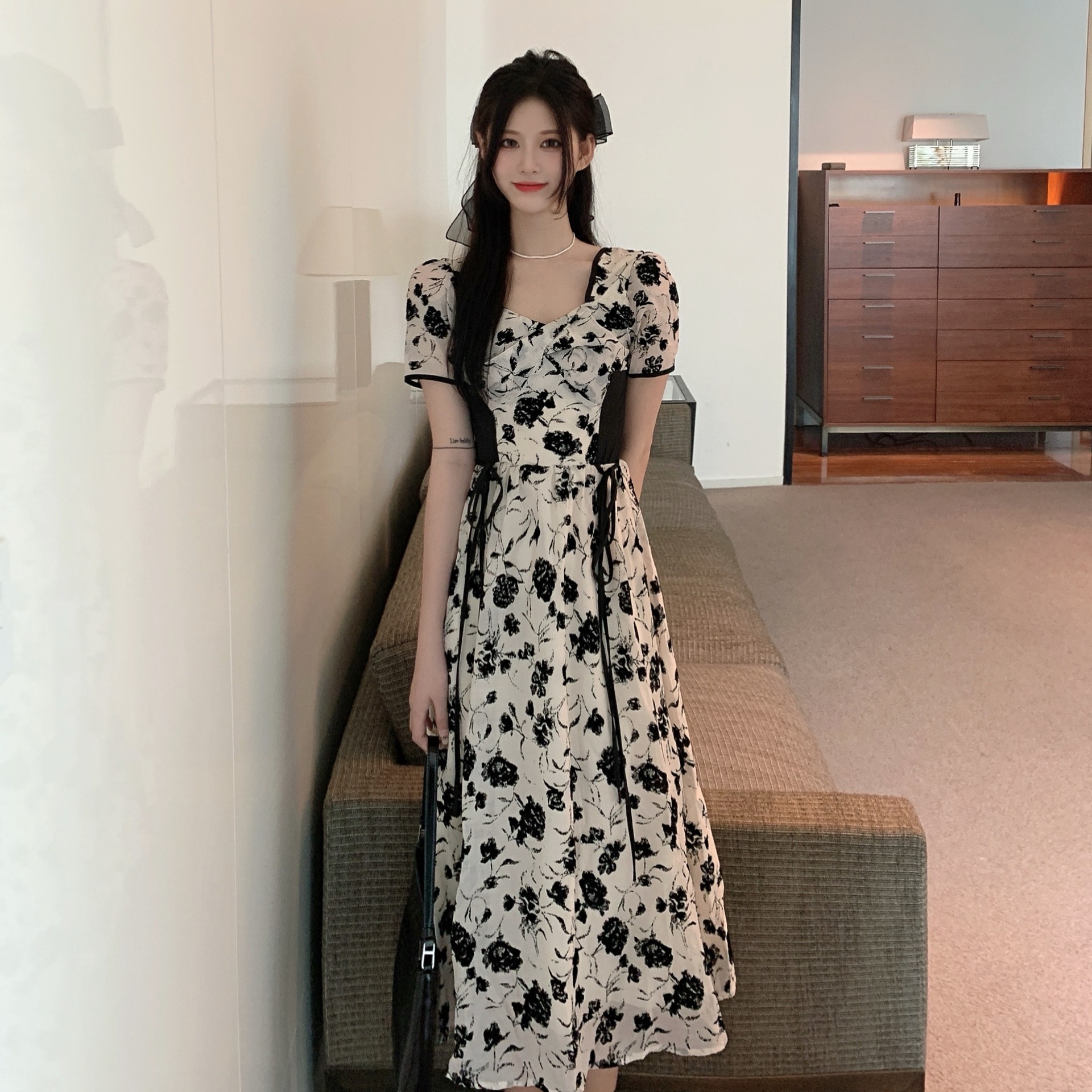 レース ワンピース 花柄サイドリボン レース ロングドレス