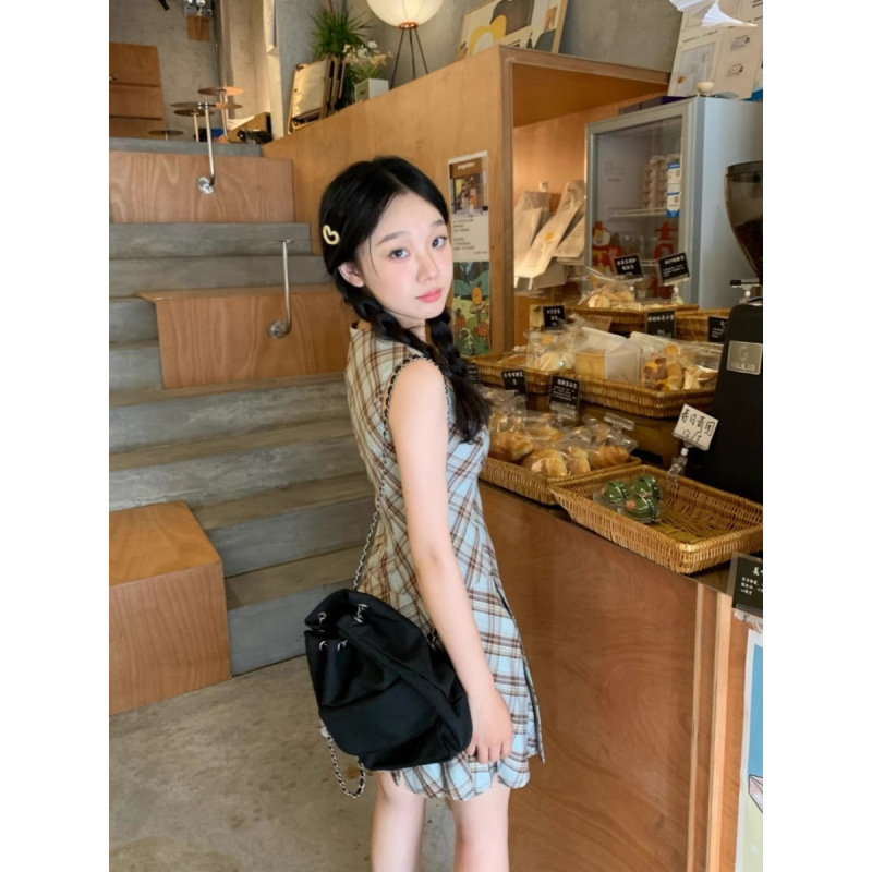 レース ワンピース 格子柄フレアノースリーブワンピース