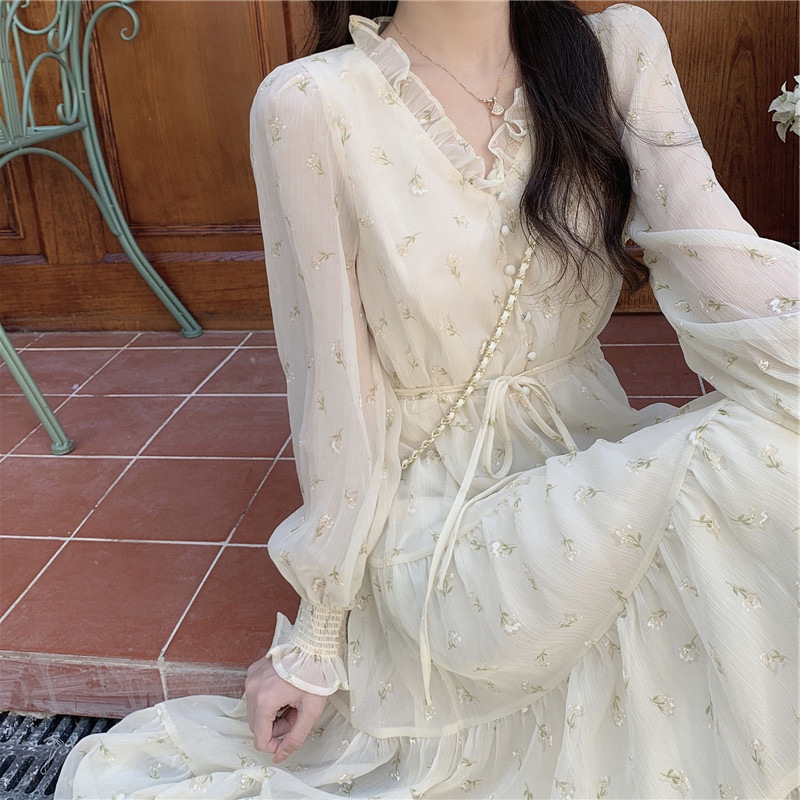 レース ワンピース 小花柄シフォン ロングワンピース フリル襟 フェミニン 透け感 きれいめ