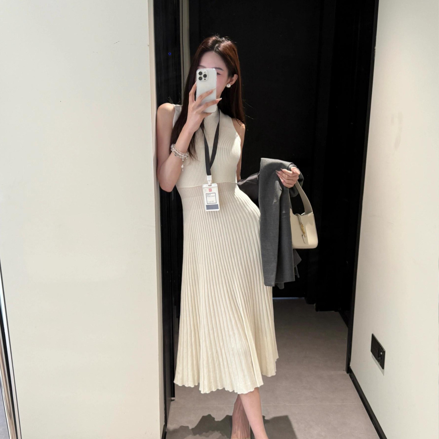 レース ワンピース ノースリーブ プリーツ ロングワンピース