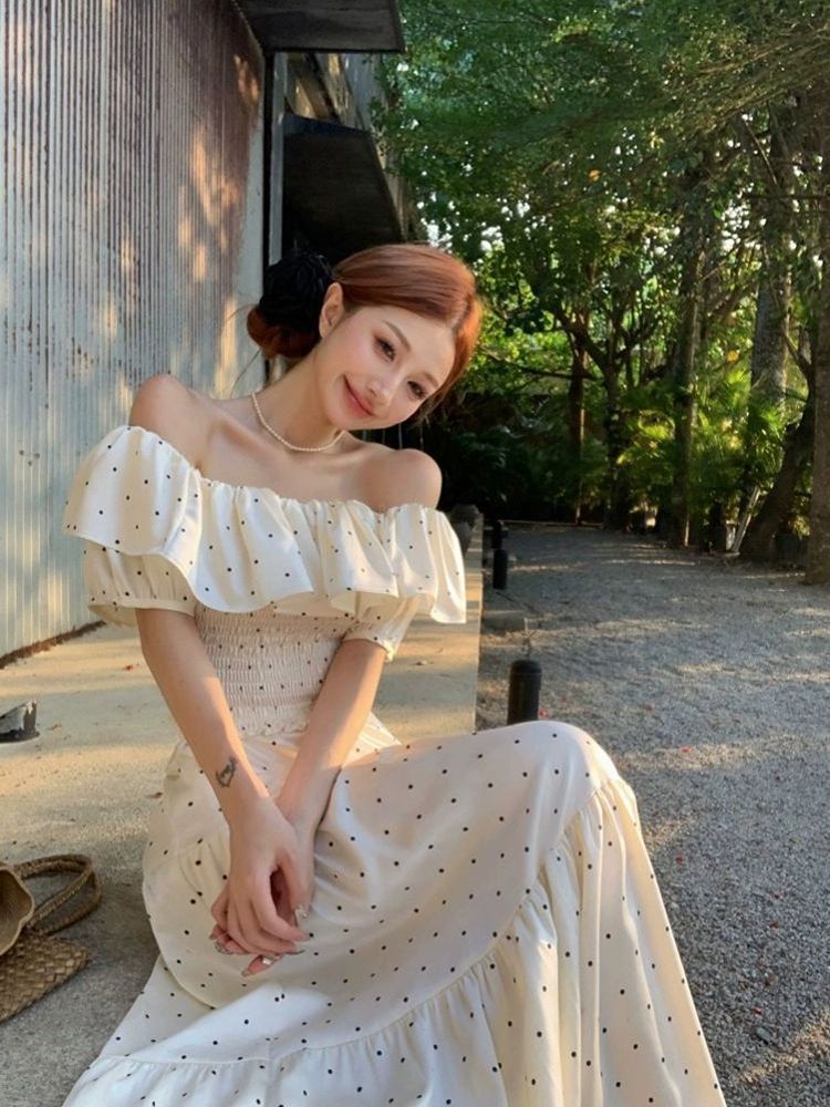 レース ワンピース 水玉フリル オフショルダー ロングワンピース
