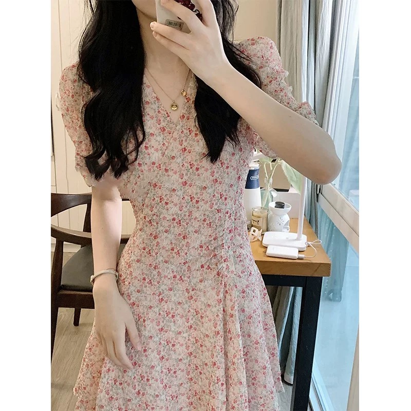 レース ワンピース 小花柄パフスリーブレースワンピース