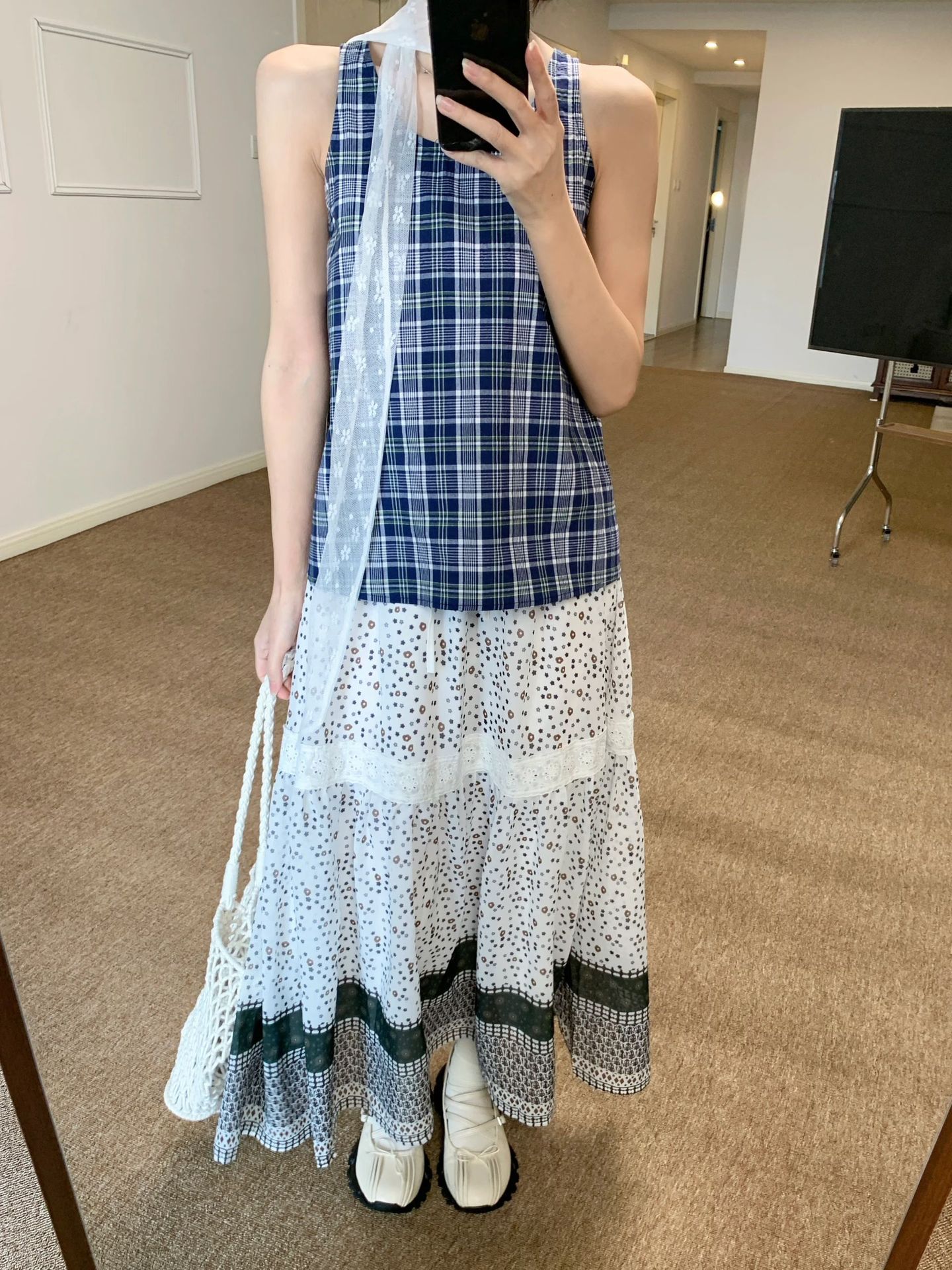 レース ワンピース 格子柄キャミとレース重ねスカートセット