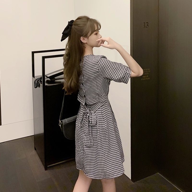 レース ワンピース 格子模様リボン付きレース ワンピース