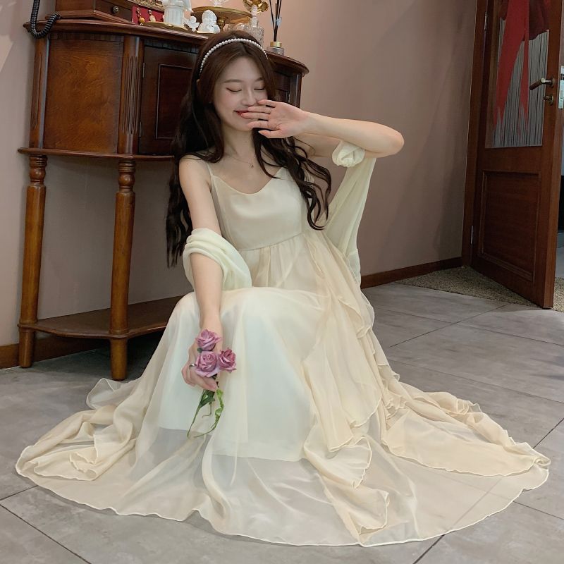 レース ワンピース エアリーシフォン ロングワンピース カーディガンセット