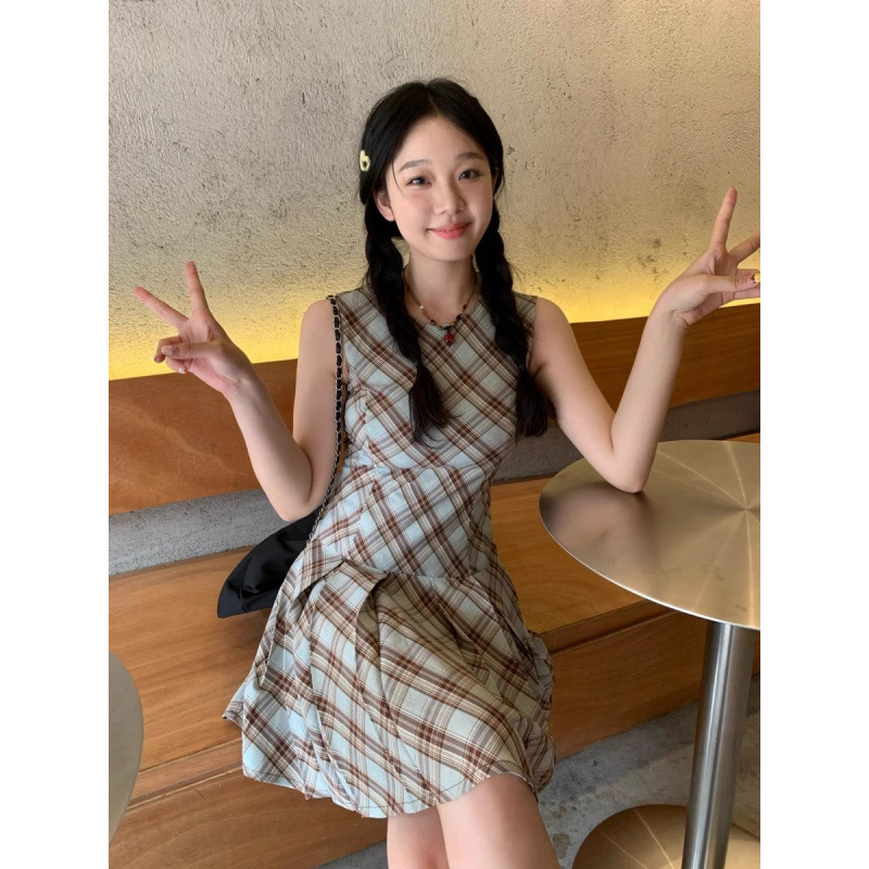 レース ワンピース 格子柄フレアノースリーブワンピース