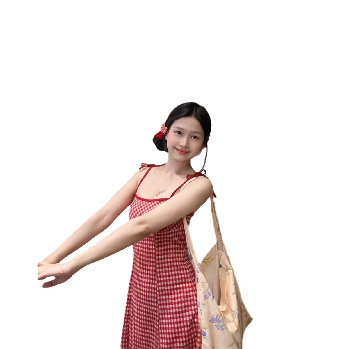 レース ワンピース リボン結び格子柄キャミワンピース