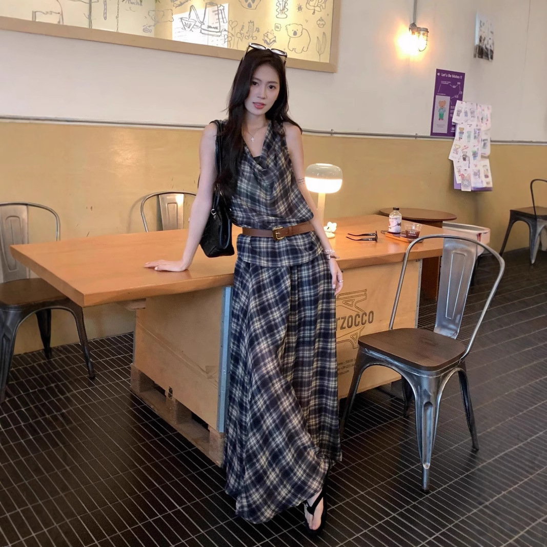 レース ワンピース 格子柄ドレープロングワンピース