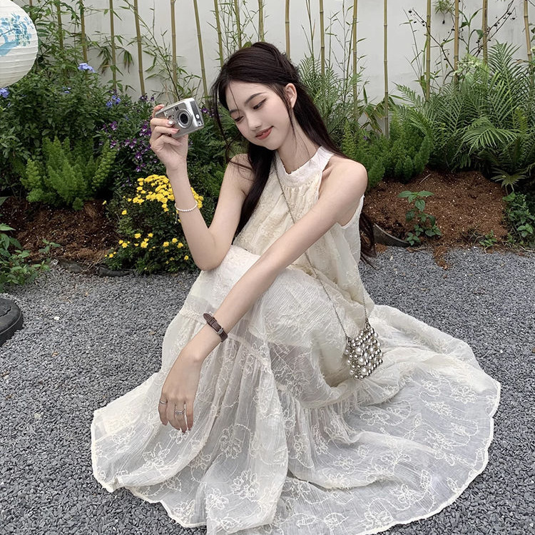 レース ワンピース 優美花刺繍ホルターネックレースワンピース