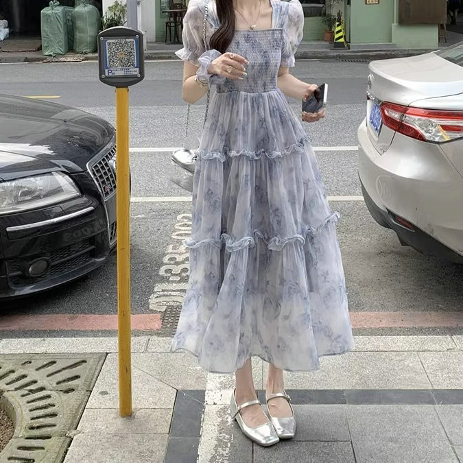 レース ワンピース 夏新作 スクエアネック レース ロングワンピース 大人可愛い ティアードフリル
