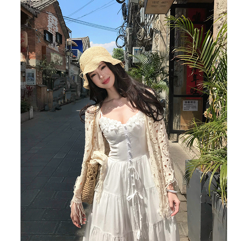 レース ワンピース 花飾り付き 優美ティアードキャミワンピース