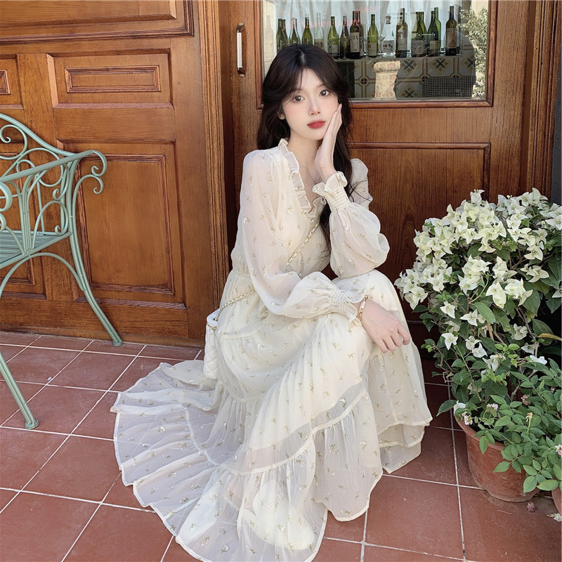 レース ワンピース 小花柄シフォン ロングワンピース フリル襟 フェミニン 透け感 きれいめ