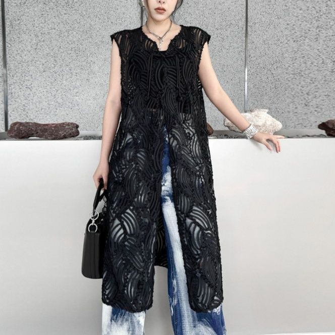 総レース刺繍ノースリーブロングワンピース重ね着風