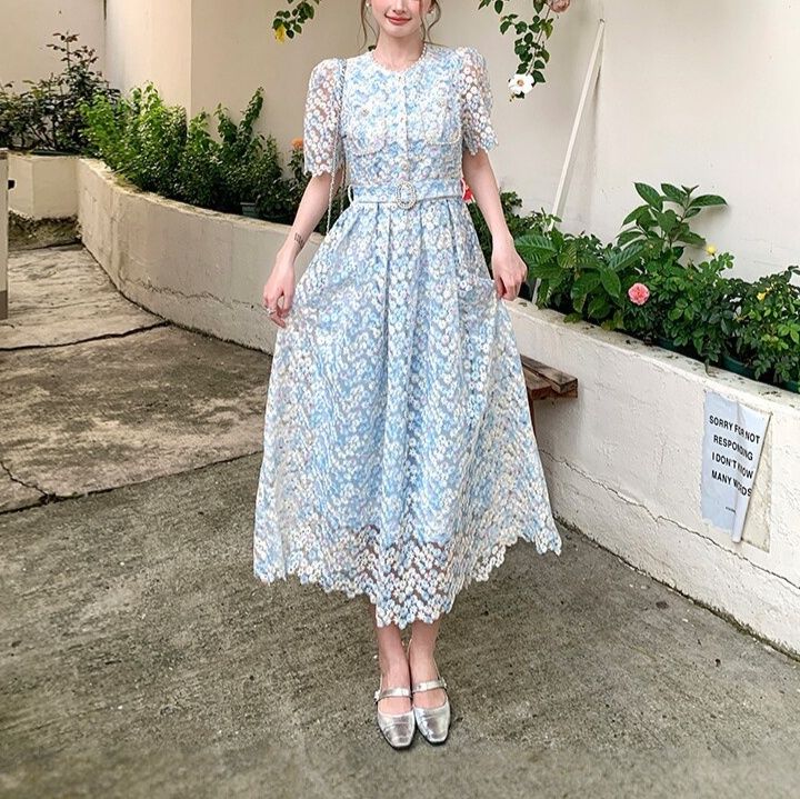 花柄総レース ミディ丈パフスリーブワンピース