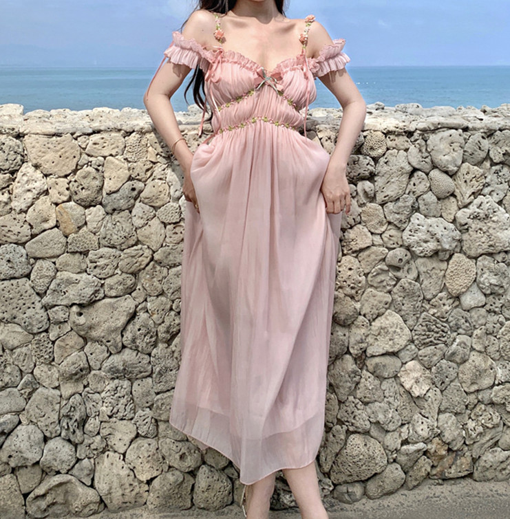 レース ワンピース フリルレース ロングワンピース リゾート向け 肩魅せ 夏服