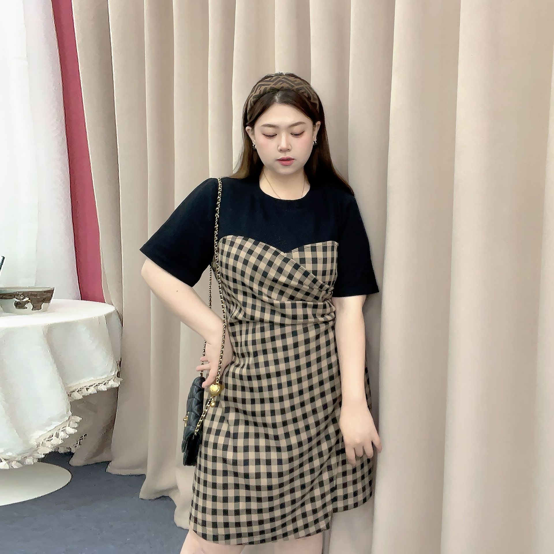 レース ワンピース 格子柄レースワンピース 重ね着風