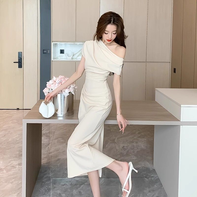 レース ワンピース 優美な肩見せドレープロングワンピース