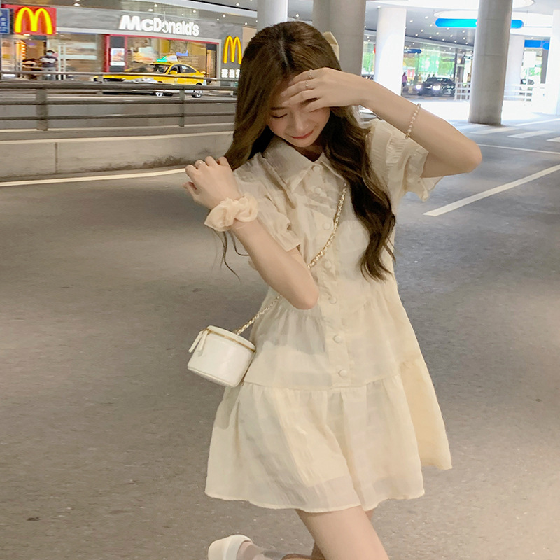 レース ワンピース 優美フリル袖シャツワンピース