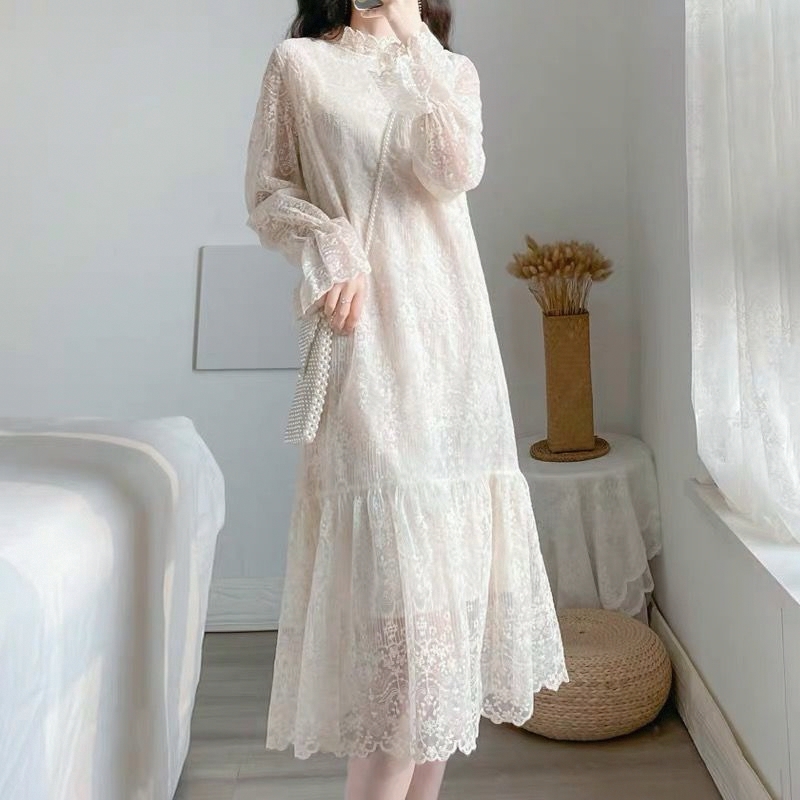 レース ワンピース 優美な花柄レース ロングワンピース