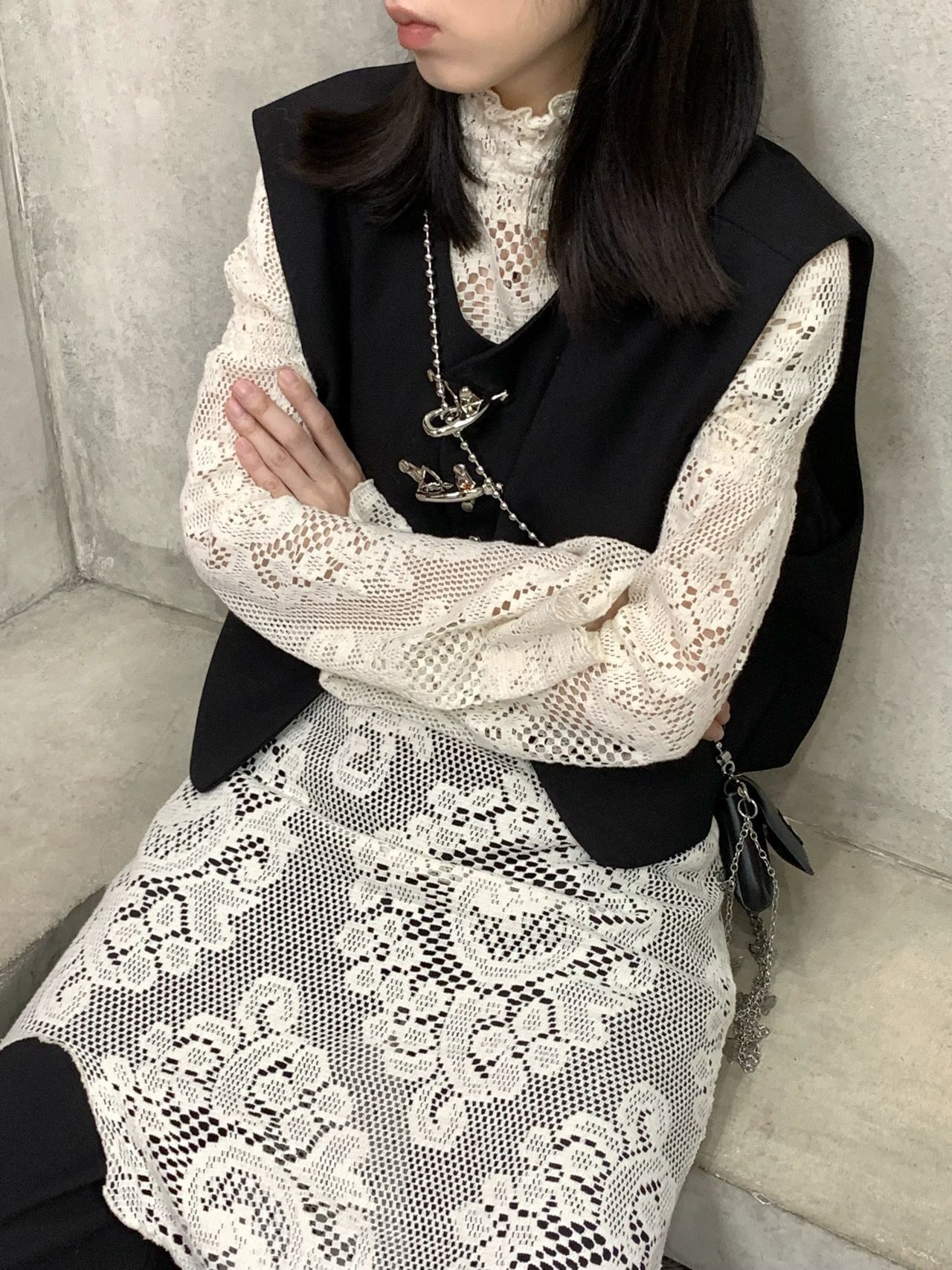 レース ワンピース 花模様透かしレース重ね着ワンピース
