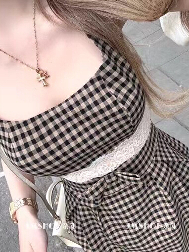 レース ワンピース 格子柄リボン付きタイトワンピース