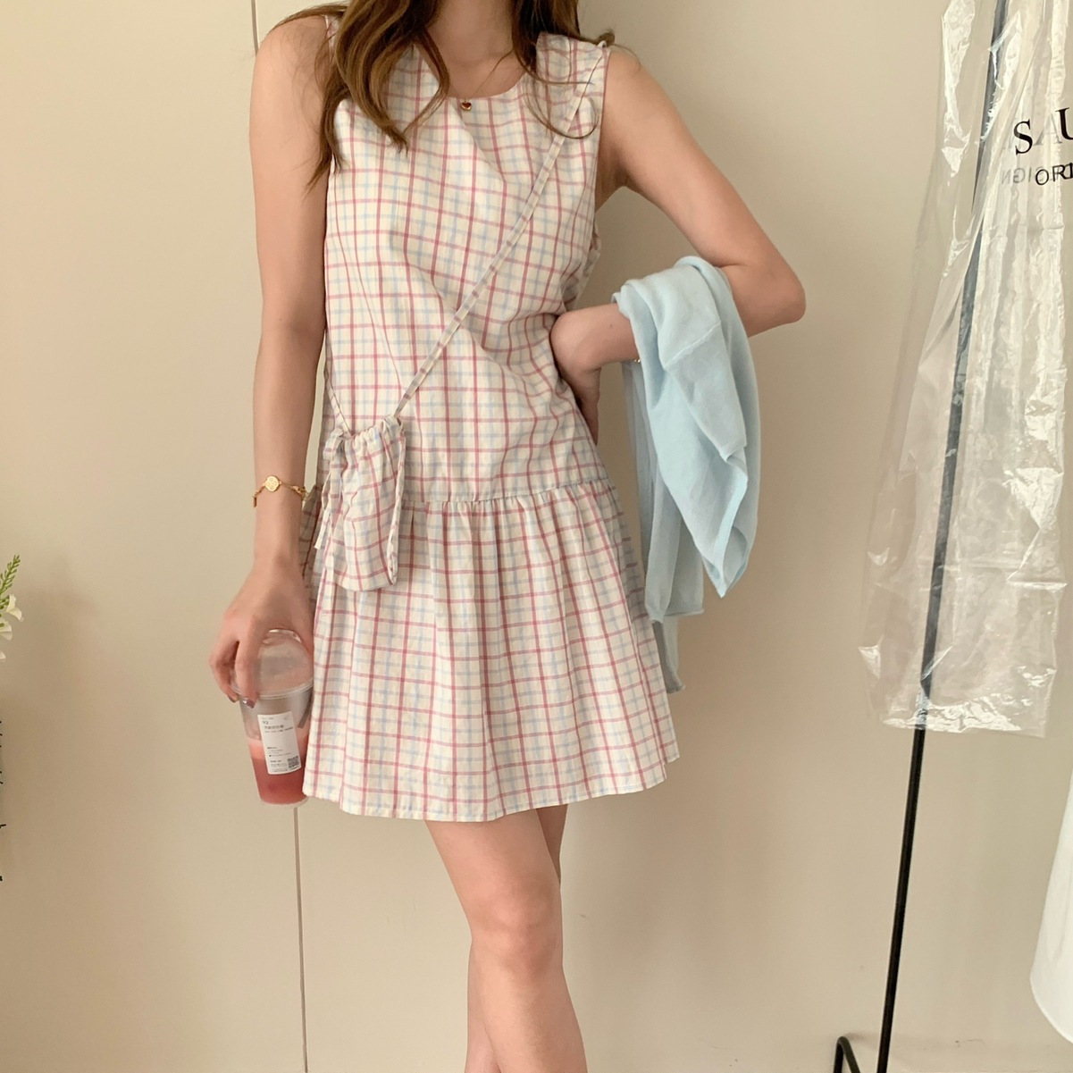 レース ワンピース 格子柄ノースリーブペプラムワンピース