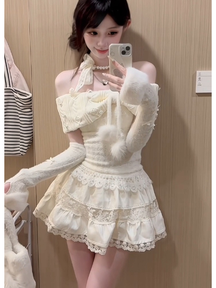 レース ワンピース ふわもこファー付きレースワンピース