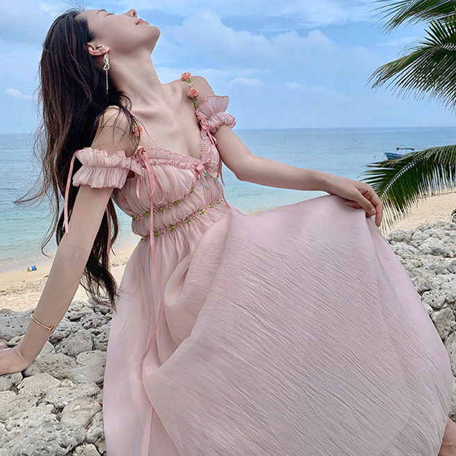 レース ワンピース フリルレース ロングワンピース リゾート向け 肩魅せ 夏服