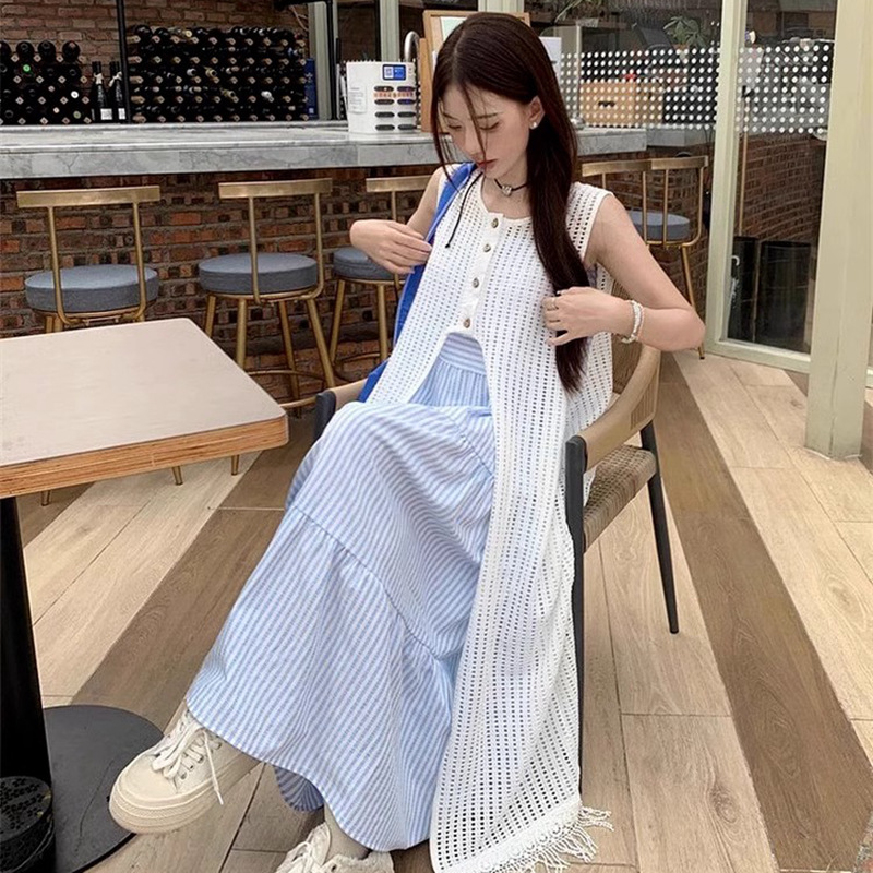 レース ワンピース 透かし編みフリンジ付きロングワンピース