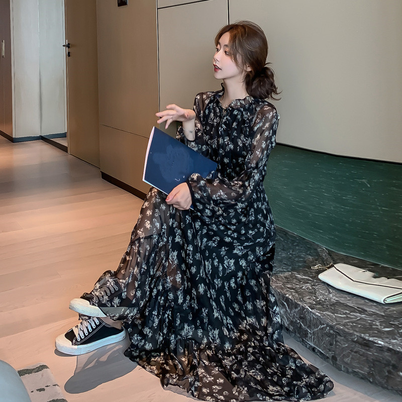 レース ワンピース 花柄シフォン ロングワンピース 長袖 フレア 大きいサイズ