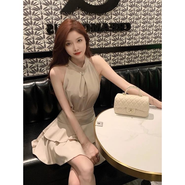 レース ワンピース 優美ホルターネック二段フリルワンピース