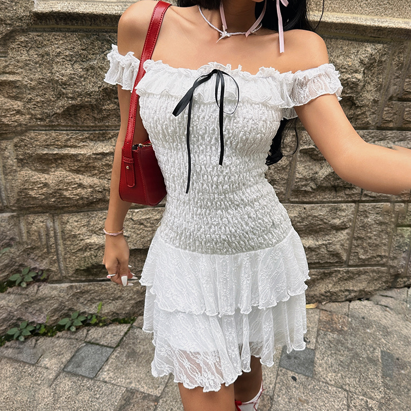 レース ワンピース フリルシャーリング レイヤードワンピース
