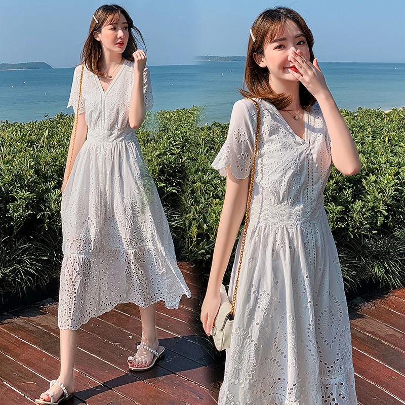 レース ワンピース 花柄レース Vネック ロングワンピース 夏用フレアドレス