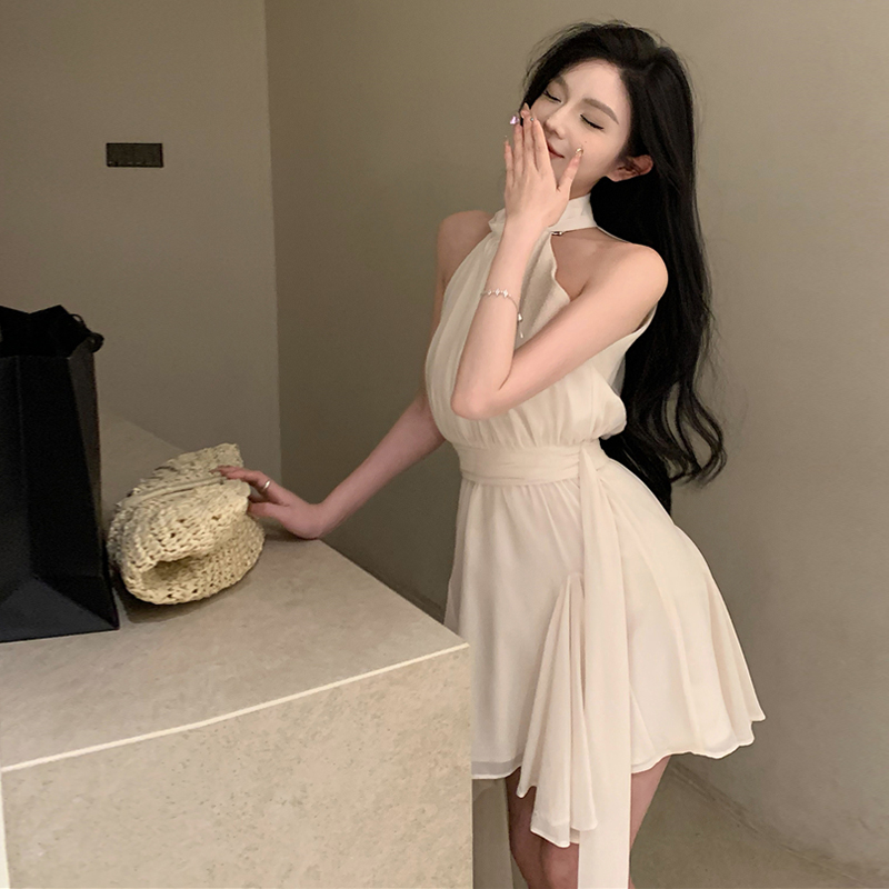 レース ワンピース 優美ホルターネック シフォンワンピース